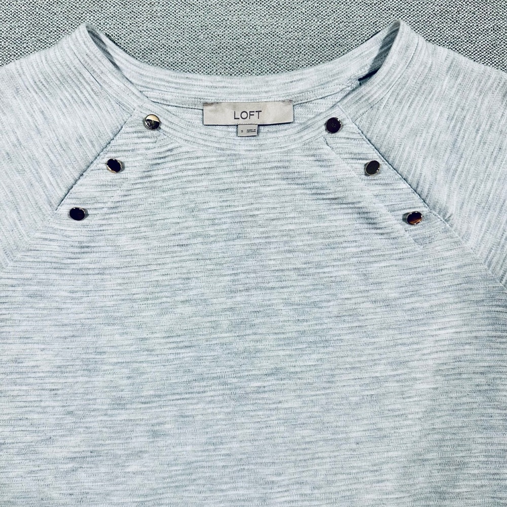 LOFT Gray Striped Top with Gold Buttons and Ruffle Bottom - Picture 4 of 5